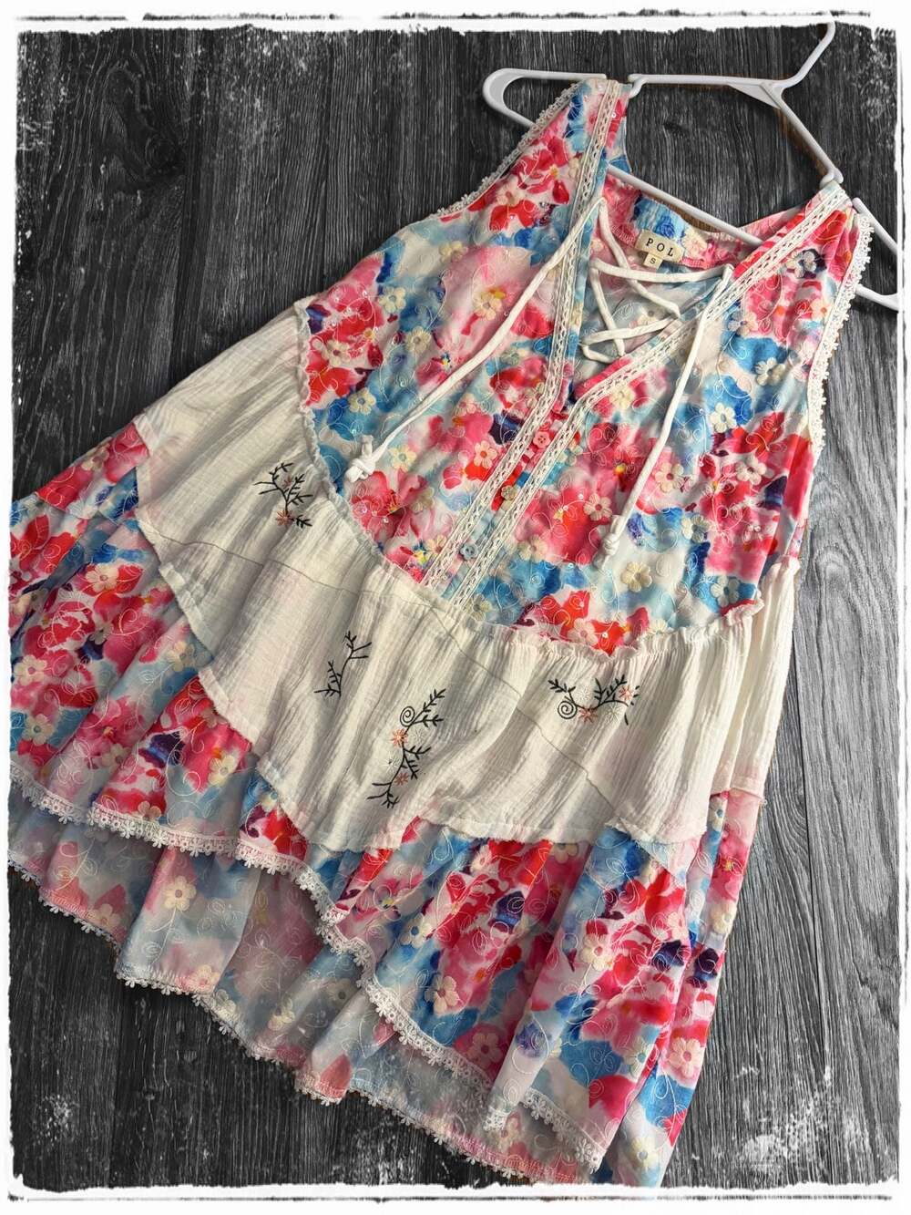 POL Floral Patchwork Mini Dress/Top with Lace,Sequins & Embroidered Details